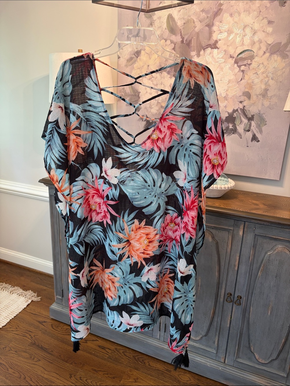 Tropical Floral Black Crisscross swim coverup.